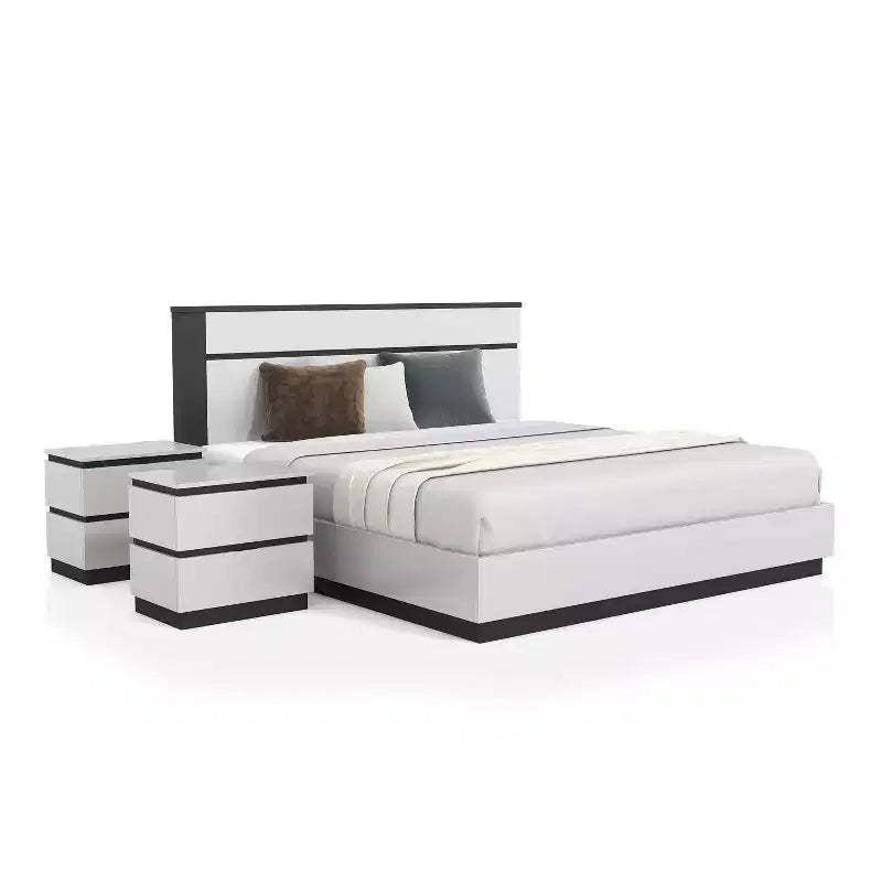 3pc Queen Pape Modern Bed with 2 Nightstands White/Metallic Gray - miBasics: Contemporary Furniture Set