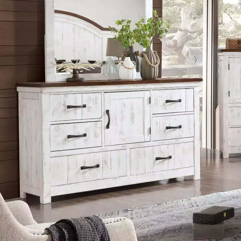 Willow Rustic 6 Drawer Dresser Distressed White/Walnut - HOMES: Inside + Out: Antique Style Storage Cabinet