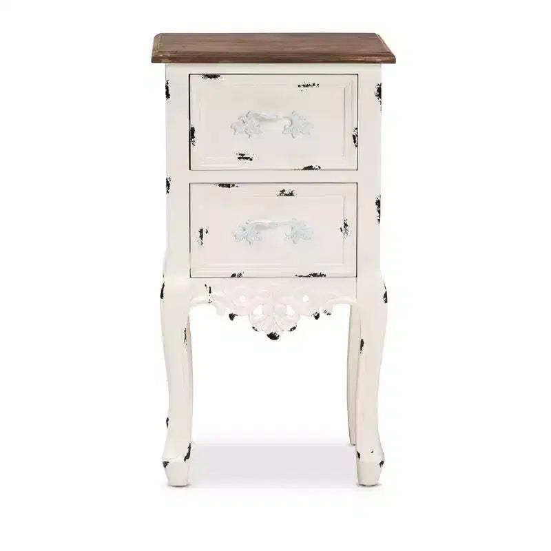 Levron Two-Tone and Antique Wood 2 Drawer Nightstand Walnut Brown/Antique White - Baxton Studio: Bedside Storage Table