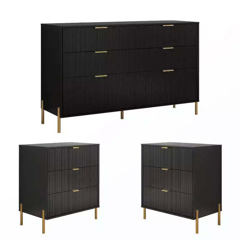 Festivo 3pc Modern Elegance 3 Drawer Nightstands and 6 Drawer Dresser Set Black
