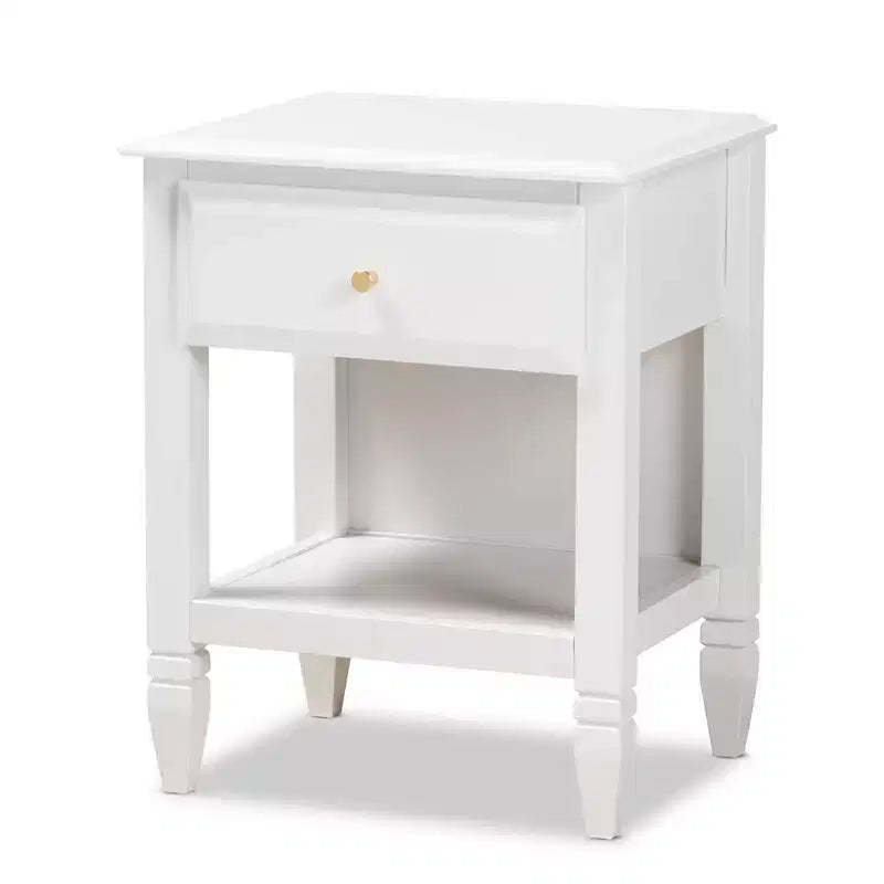 1 Drawer Naomi Wood Bedroom Nightstand White/Gold - Baxton Studio: Glamorous Bedside Table with Gold-Tone Knob & Shelf