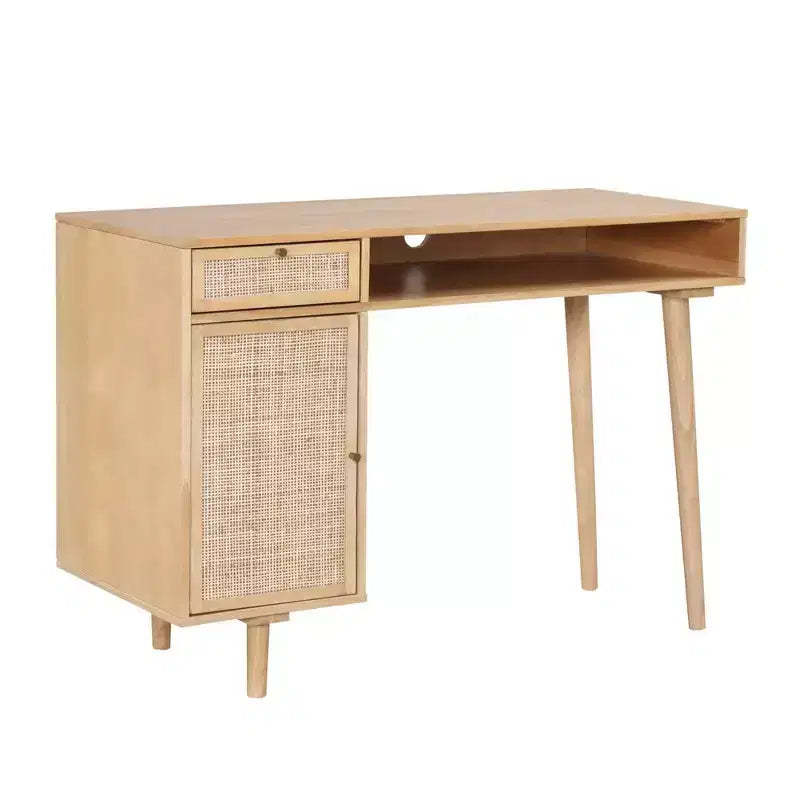 Nathan James Boho Vanity Desk with Storage Warm Pine Rattan: Modern Farmhouse Design, Gold Hardware, Cable Management
