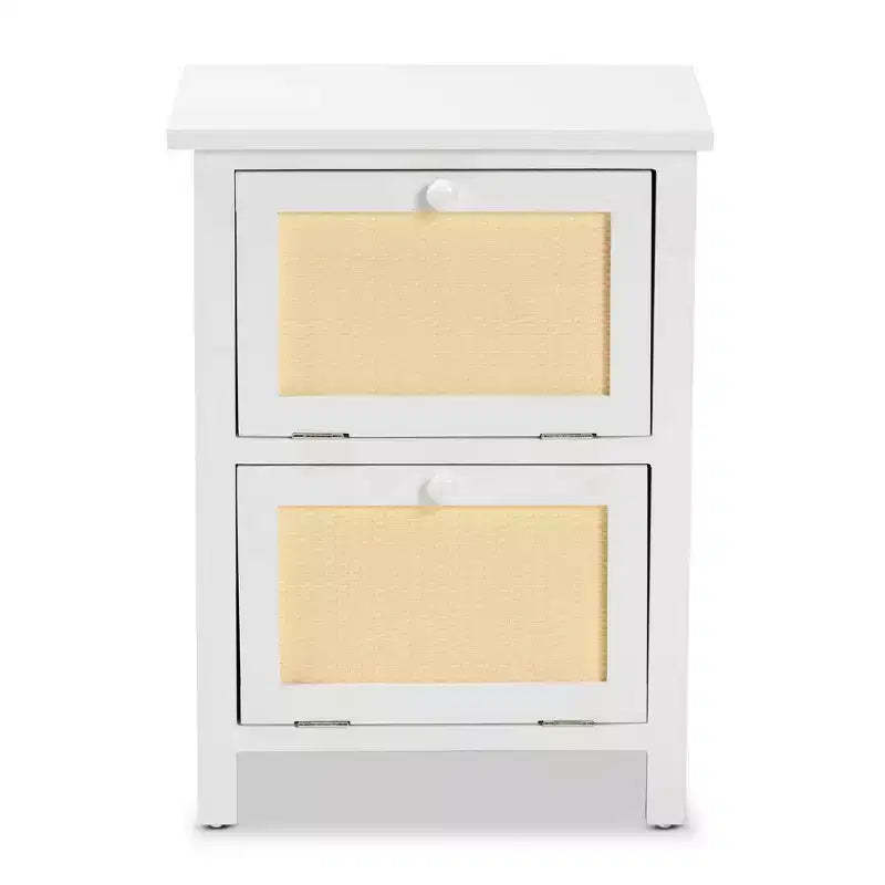 Sariah Wood Rattan 2 Door Nightstand White - Baxton Studio