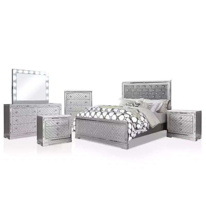 6pc California King Tenaya Bedroom Set Silver/Gray - HOMES: Inside + Out: Glamorous Design, Mirrored Trim, Button Tufted