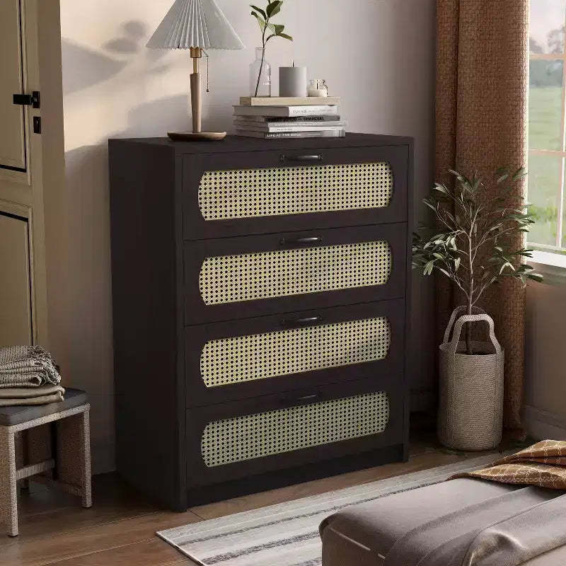 Summertree Transitional Faux Rattan Webbed 4 Drawer Chest Espresso - miBasics: Boho-Style, Resort Feel, Space-Saving Design