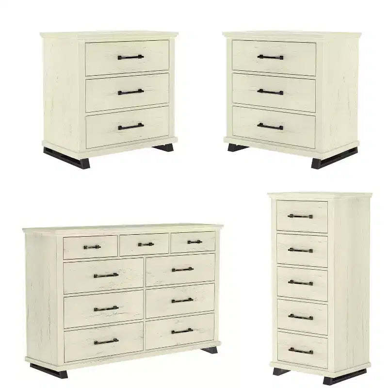 Festivo 4pc Contemporary Bedroom Chest and Dresser and Nightstand Set Saw Cut Off-White: Modern Design, MDF, Metal Base