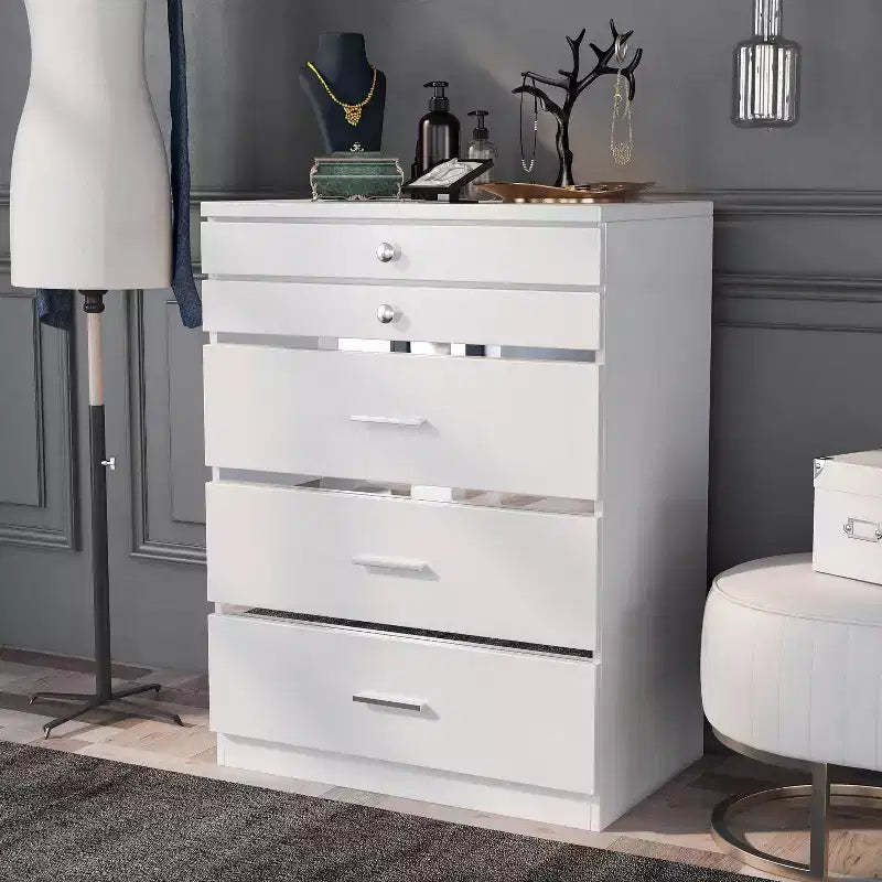 HOMES: Inside + Out Garneta 5 Drawer Chest with Jewelry Drawers White: Modern Vertical Dresser, Anti-Tip Hardware, Glossy Finish