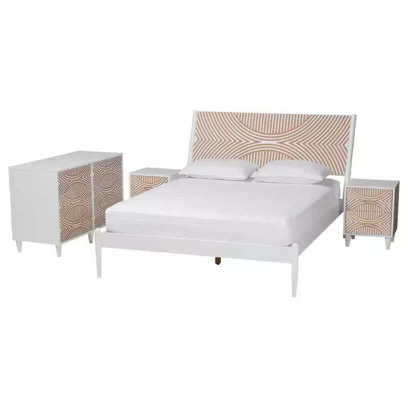 Baxton Studio Queen 4pc Louetta Carved Contrasting Bedroom Set White/Natural Brown