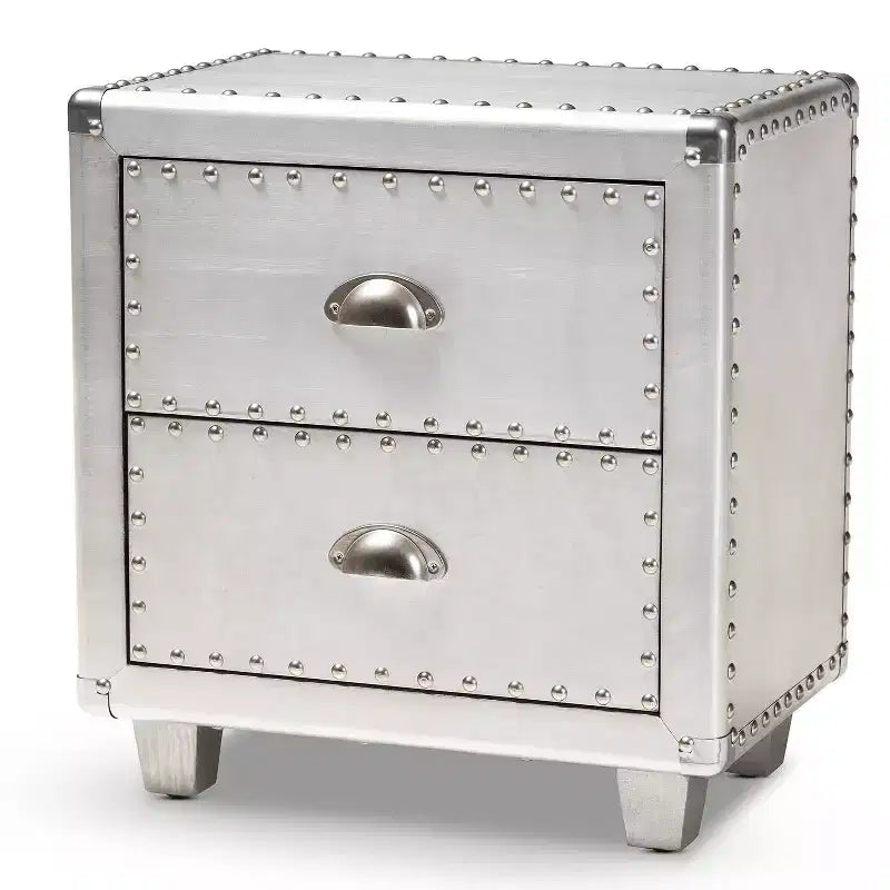 Baxton Studio 2 Drawer Davet Metal Nightstand Silver: Mid-Century Modern Style, Particle Board Frame