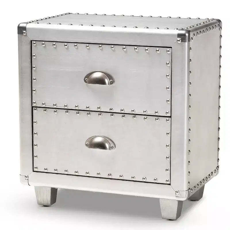 Baxton Studio 2 Drawer Davet Metal Nightstand Silver: Mid-Century Modern Style, Particle Board Frame