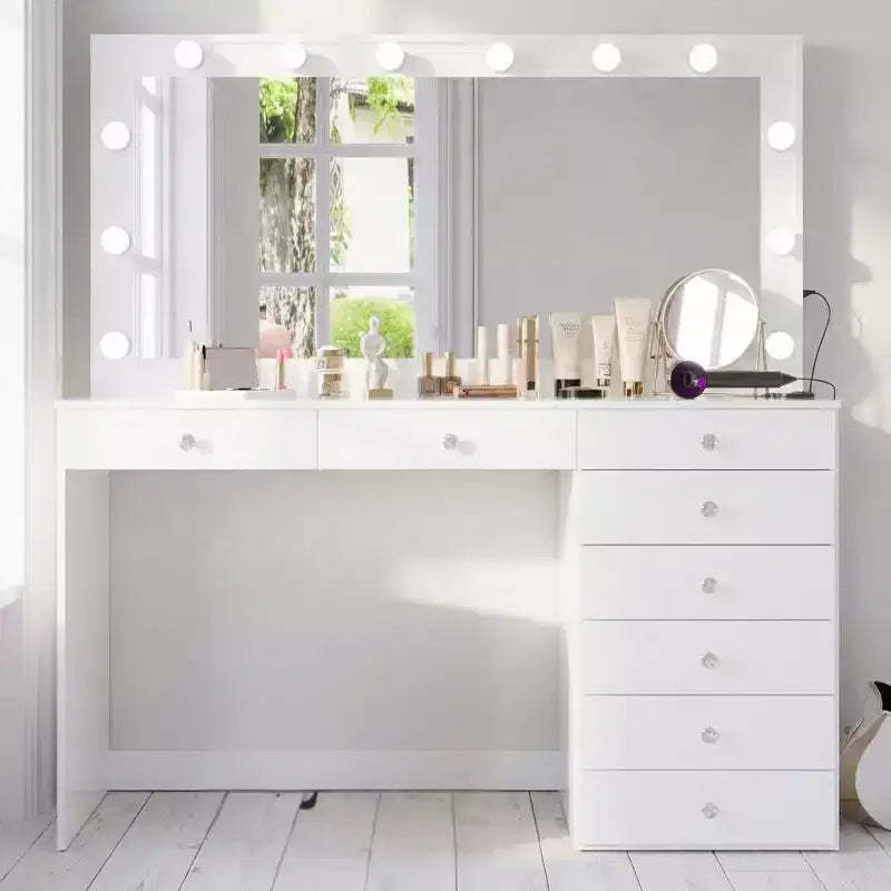 Johanna Lighted Crystal Ball Knobs Makeup Vanity White - Boahaus: Hollywood Mirror, 8 Drawers, USB Port
