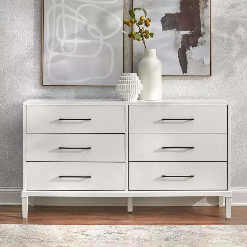 Lifestorey Sussex 6 Drawer Dresser White: Solid Rubberwood Legs, MDF, Modern Farmhouse Style