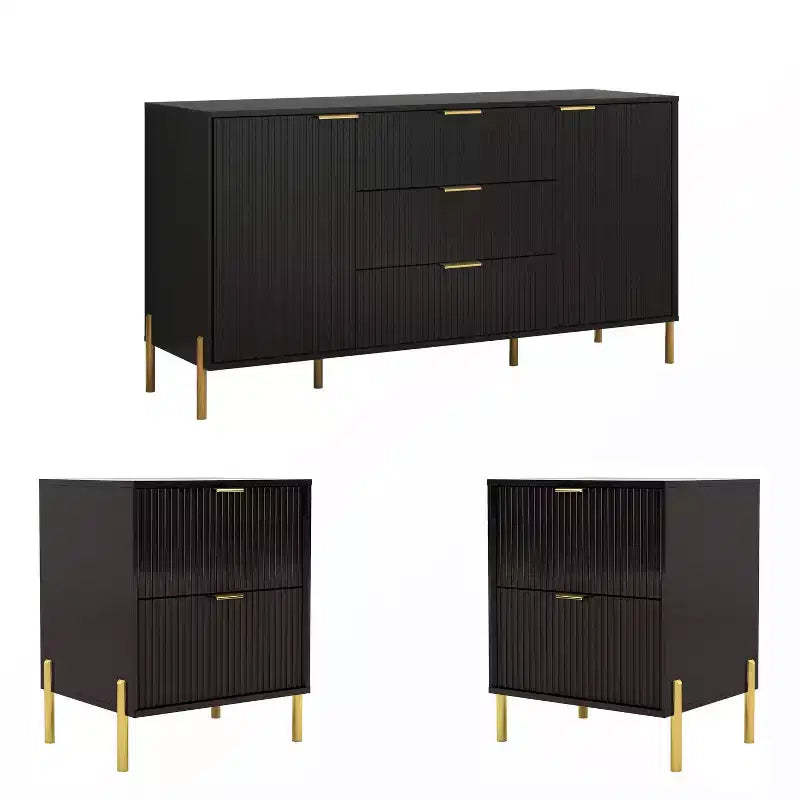 Festivo 3pc Modern Elegance 2 Drawer Nightstands and 3 Drawer Dresser Set Black