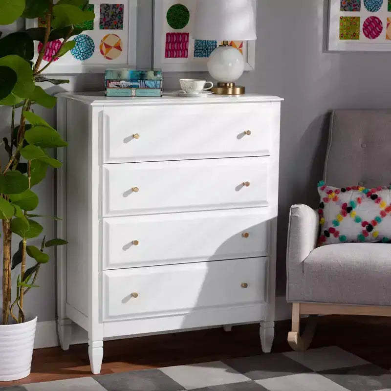 Baxton Studio 4 Drawer Naomi Wood Bedroom Chest White/Gold: Elegant Storage Solution with Anti-Tip Hardware