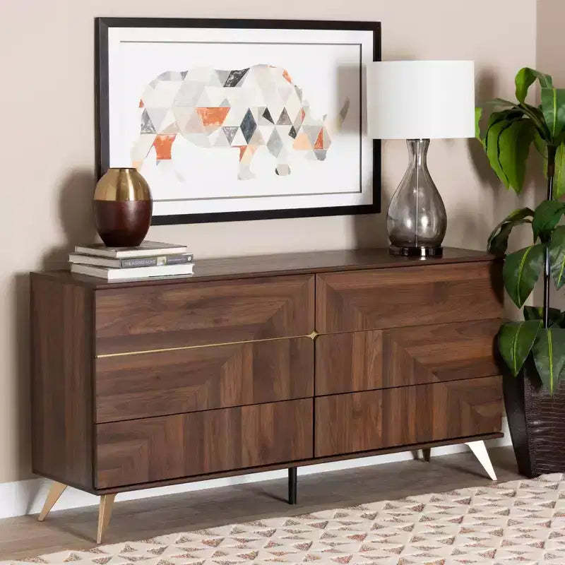 Baxton Studio Graceland Wood 6 Drawer Dresser Walnut Brown/Gold: Mid-Century Storage, Angled Legs