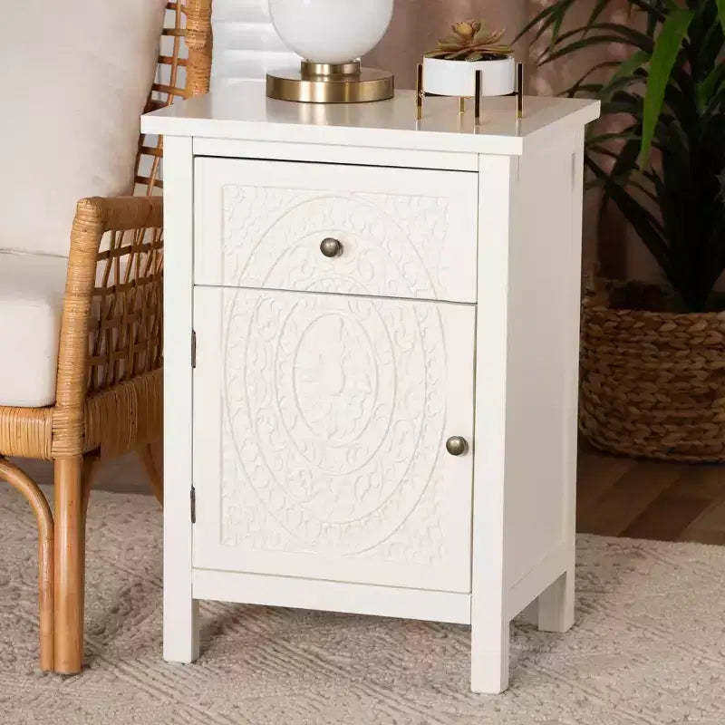 Lambert Wood 1 Drawer Nightstand White - Baxton Studio: Traditional Storage with Antique Finish, Metallic Silver Hardware