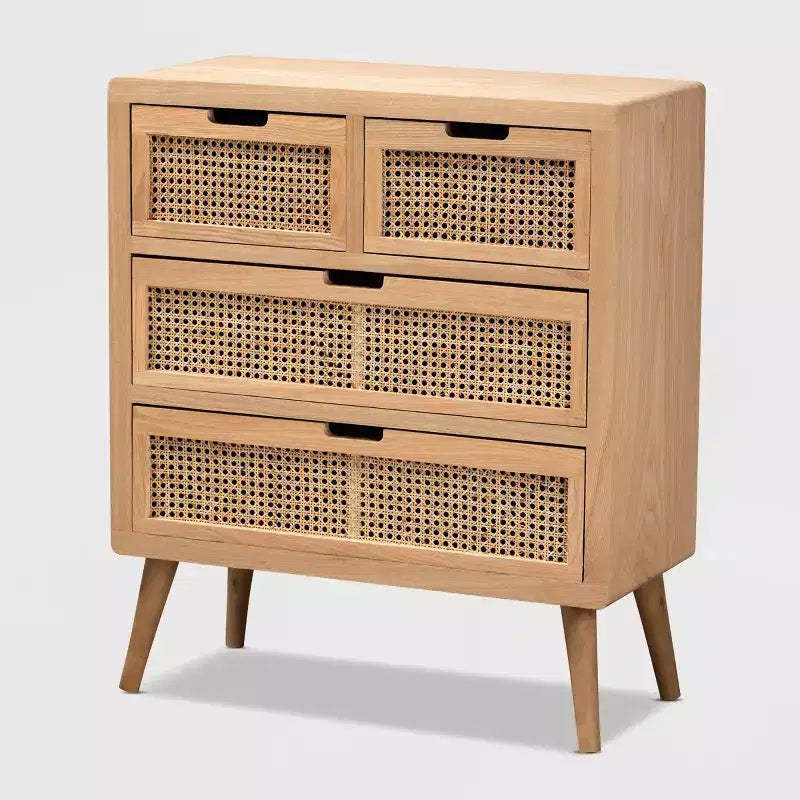 Alina Wood and Rattan 4 Drawer Accent Chest Oak - Baxton Studio: Small Profile, Bohemian Vibe, Ample Storage