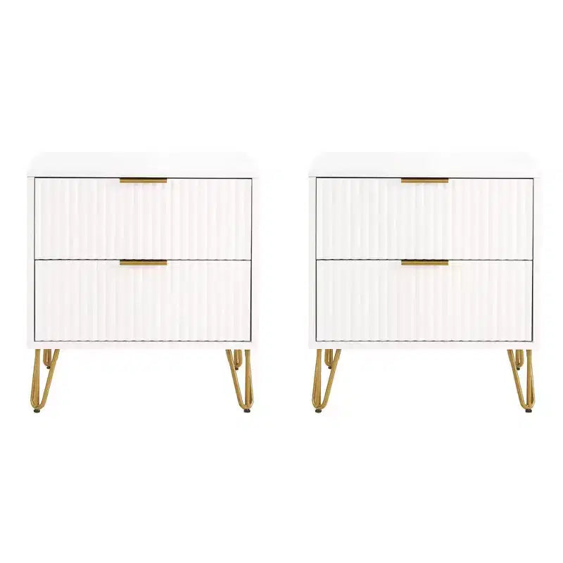 Manhattan Comfort Set of 2 Dumbo 2 Drawer Nightstands White: Modern Style, MDF Frame, Metal Glides, Storage Solution