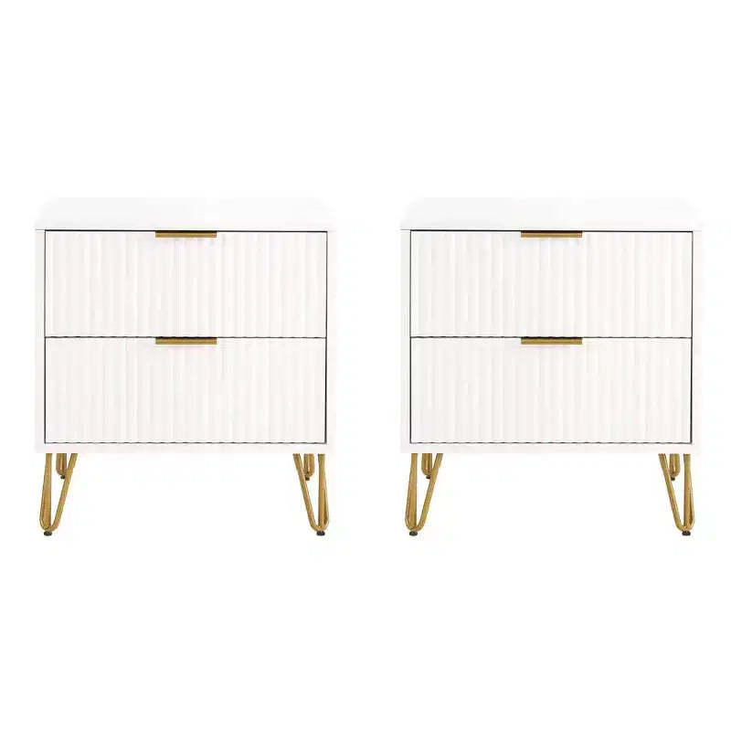 Manhattan Comfort Set of 2 Dumbo 2 Drawer Nightstands White: Modern Style, MDF Frame, Metal Glides, Storage Solution