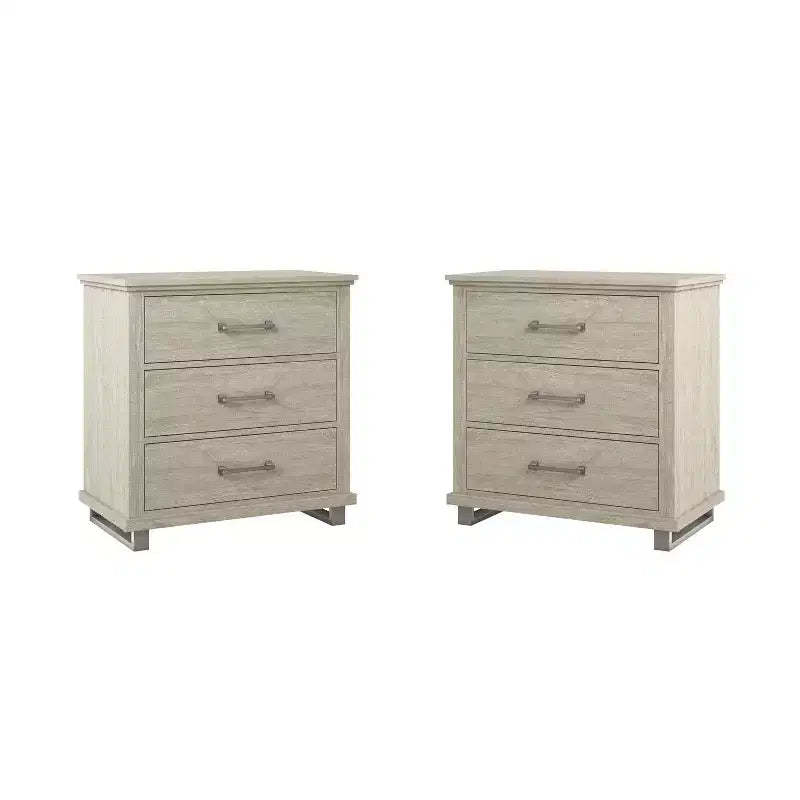Set of 2 32'' Night Stand Beige - Accent Furniture: Modern Design, 3 Drawers, Metal Legs