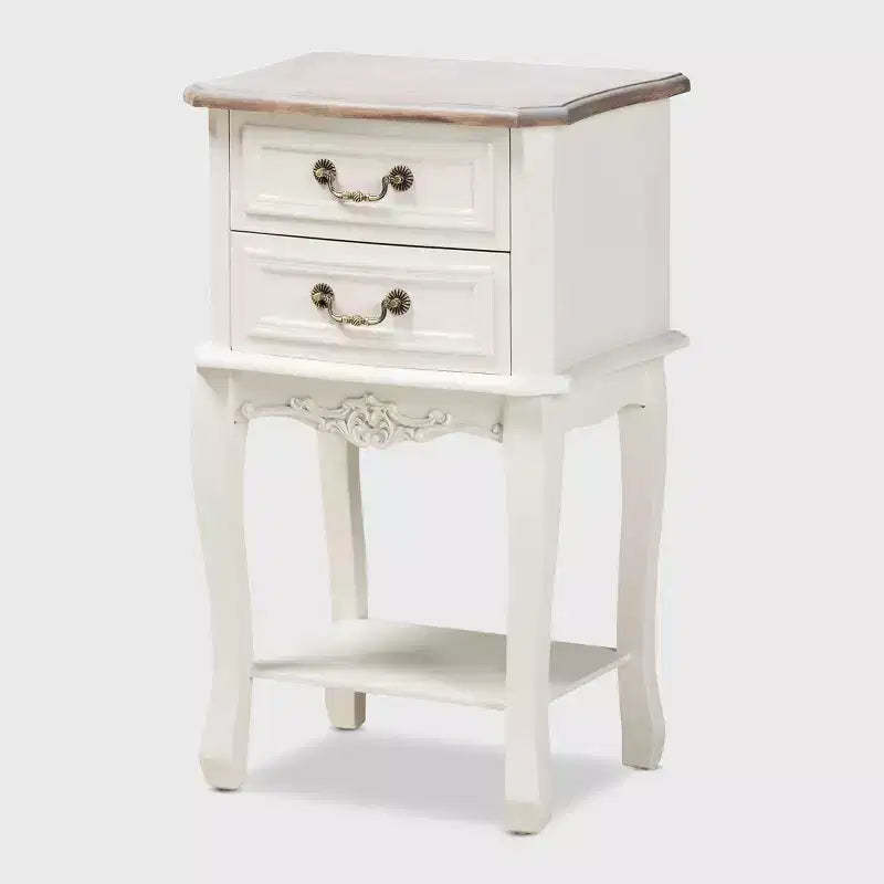 Amalie 2 Drawer Wood Nightstand White/Oak - Baxton Studio: French Provincial Style, Brass Handles, Open Shelf