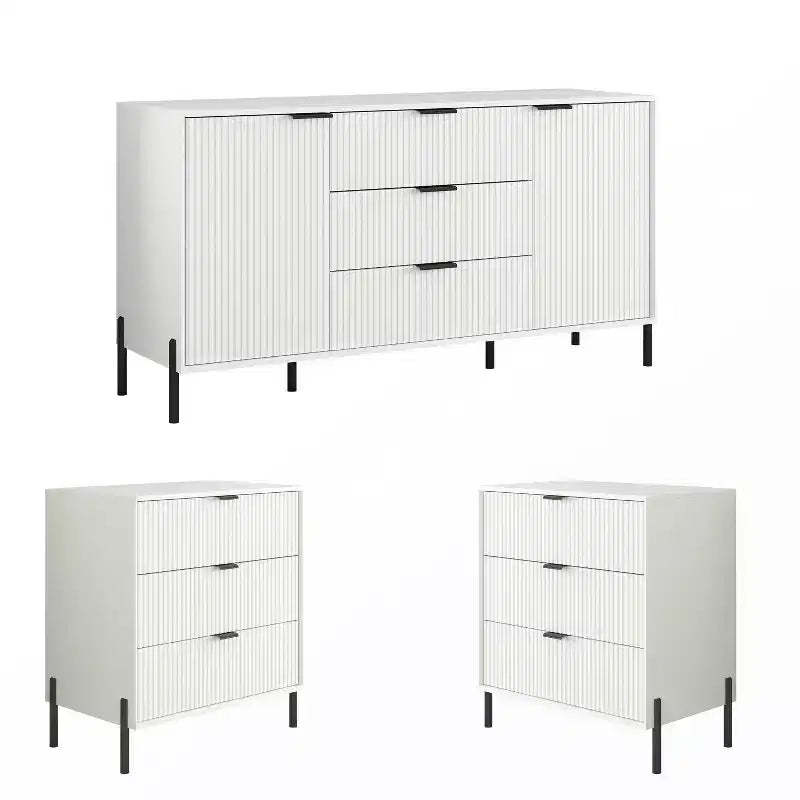Festivo 3pc Modern Elegance 3 Drawer Nightstands and 3 Drawer Dresser Set Off-White
