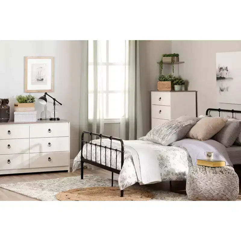 South Shore Plenny 6 Drawer Double Dresser: White Wash/Weathered Oak, Anti-Tip Hardware, Laminated Finish, 52" Width