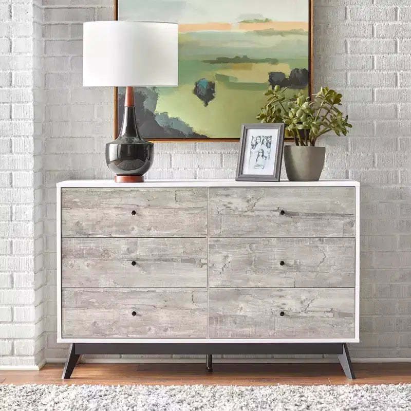 Buylateral Crislana Mid-Century Modern 6 Drawer Dresser Gray/White