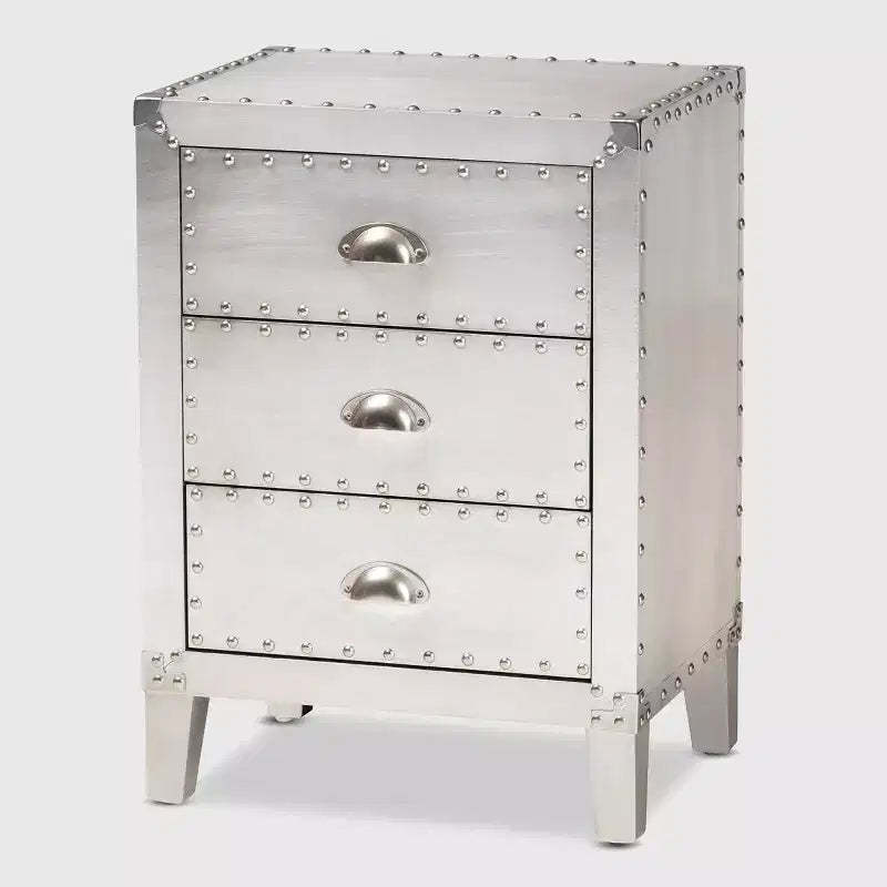 Claude Metal 3 Drawer Nightstand Silver - Baxton Studio: Vintage-Inspired, Rivet Detail, Fully Assembled