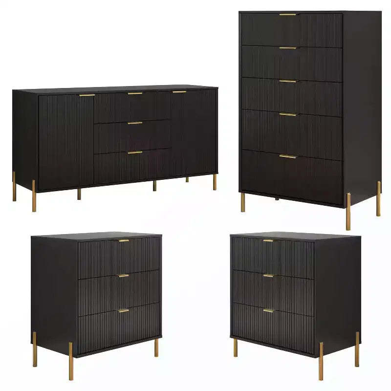 Festivo 4pc Modern Elegance Bedremm Chest and Dresser and 3 Drawer Nightstands Set Black