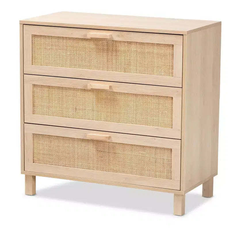 Baxton Studio Sebille Wood with Natural Rattan 3 Drawer Storage Chest Light Brown : Bohemian Style, Particle Board Frame
