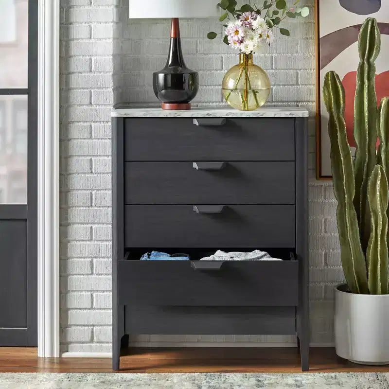 Buylateral Keely Modern 5 Drawer Faux Marble Top Chest Dresser Charcoal Gray: Mid-Century Modern, Bedroom Storage, Faux Marble Top