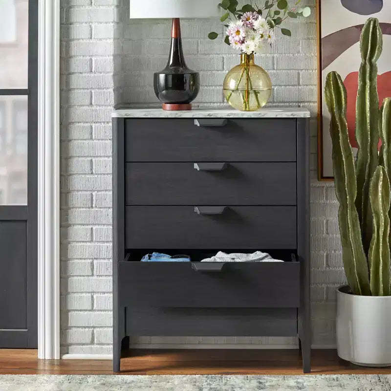 Buylateral Keely Modern 5 Drawer Faux Marble Top Chest Dresser Charcoal Gray: Mid-Century Modern, Bedroom Storage, Faux Marble Top