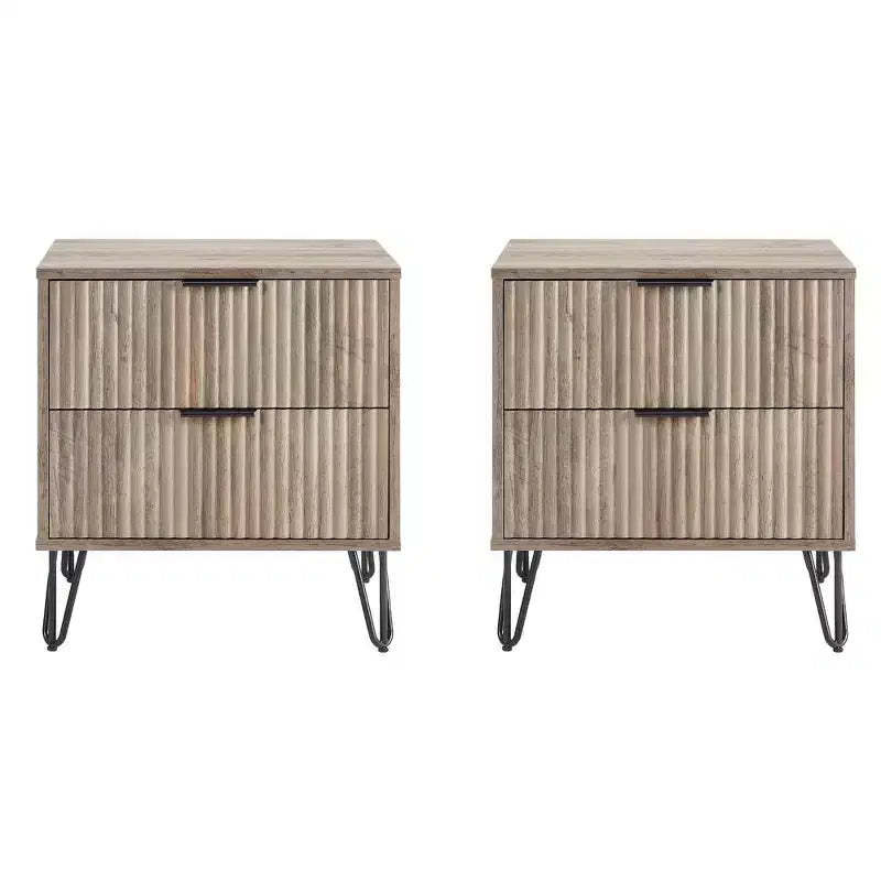 Manhattan Comfort Set of 2 Dumbo 2 Drawer Nightstands Rustic Gray: Modern Style, MDF Frame, Metal Glides