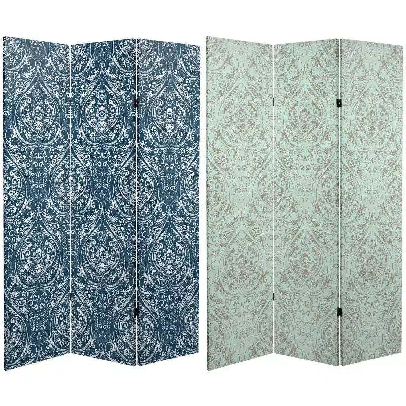 6" Double Sided Ocean Damask Canvas Room Divider Blue - Oriental Furniture: No Assembly, 3 Panels