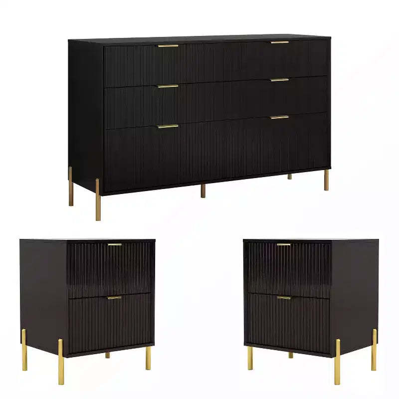 Festivo 3pc Modern Elegance 2 Drawer Nightstands and 6 Drawer Dresser Set Black