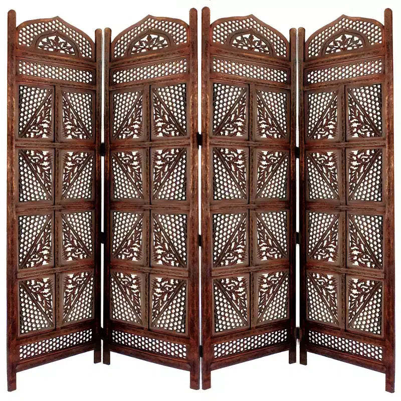 Benzara Traditional Four Panel Wooden Room Divider with Hand Carved Details Antique Brown