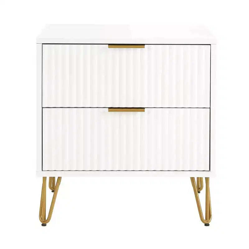 Manhattan Comfort Dumbo 2 Drawer Nightstand White: Modern MDF Bedside Table with Metal Glides, Storage
