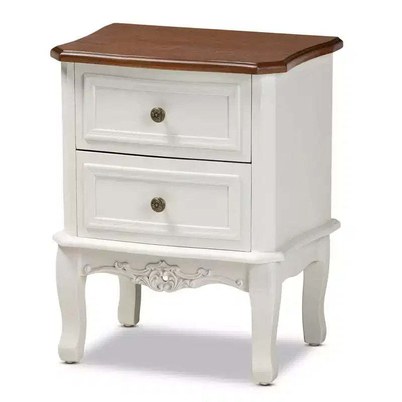 2 Drawer Darlene Wood Nightstand White/Cherry Brown - Baxton Studio: Traditional Style, Carved Knobs, Storage
