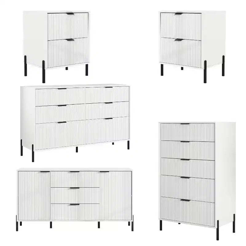 Festivo 5pc Modern Elegance Bedremm Chest and 2 Dressers and 2 Drawer Nightstands Set Off-White