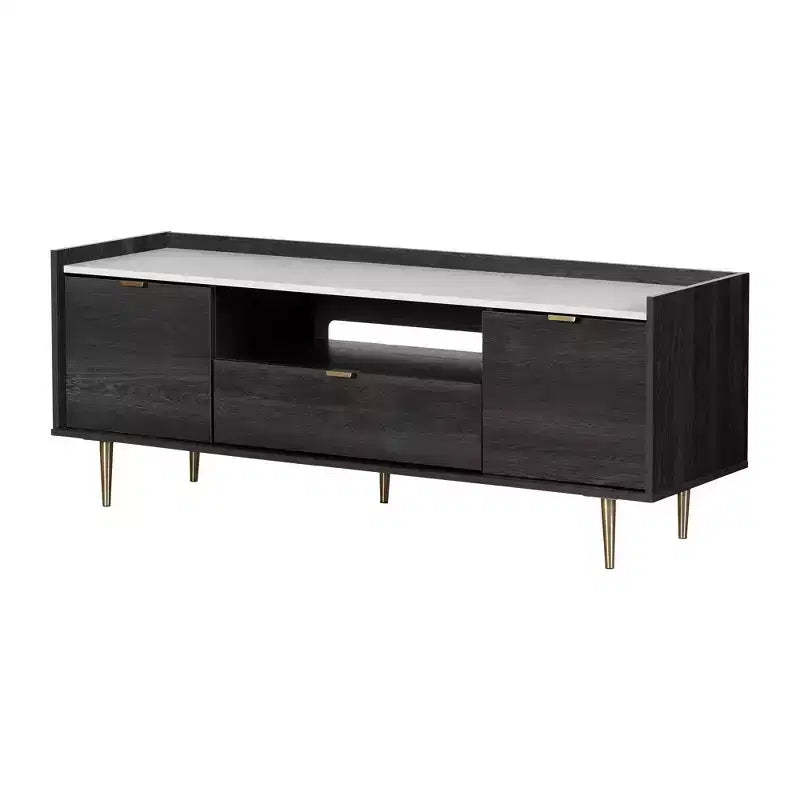 South Shore Hype TV Stand for TVs up to 75" Gray Oak/Faux Carrara Marble: Laminated Particle Board, Storage Shelves