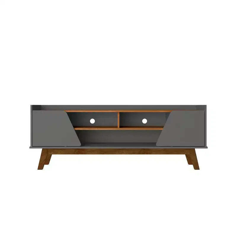 Marcus Mid-Century Modern 5 Shelf TV Stand for TVs up to 65": Solid Pine Legs, Cable Management - Manhattan Comfort