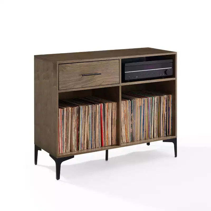 Crosley 40" Sydney Record Storage Media Console Walnut: Vinyl Holder, Media Cabinet with Open Shelves