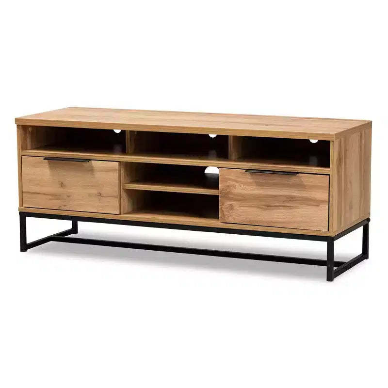 Reid Wood and Metal 2 Drawer TV Stand for TVs up to 45" Dark Brown - Baxton Studio: Entertainment Center with Storage