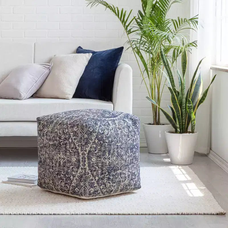 Hanalei Pouf Blue/Ivory - Anji Mountain: Modern Square Medallion Pattern, 21" Padded Seat, Handmade, Polyester