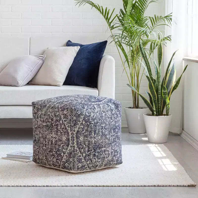 Hanalei Pouf Blue/Ivory - Anji Mountain: Modern Square Medallion Pattern, 21" Padded Seat, Handmade, Polyester