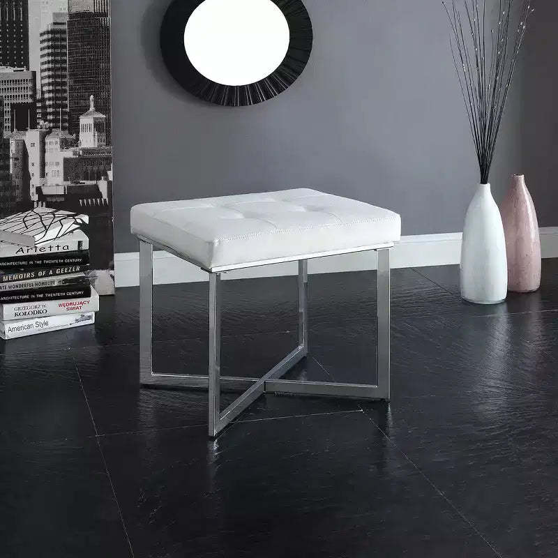 Carolina Living Julia Vanity Bench White/Chrome: Chrome X Base, Padded, Modern Design