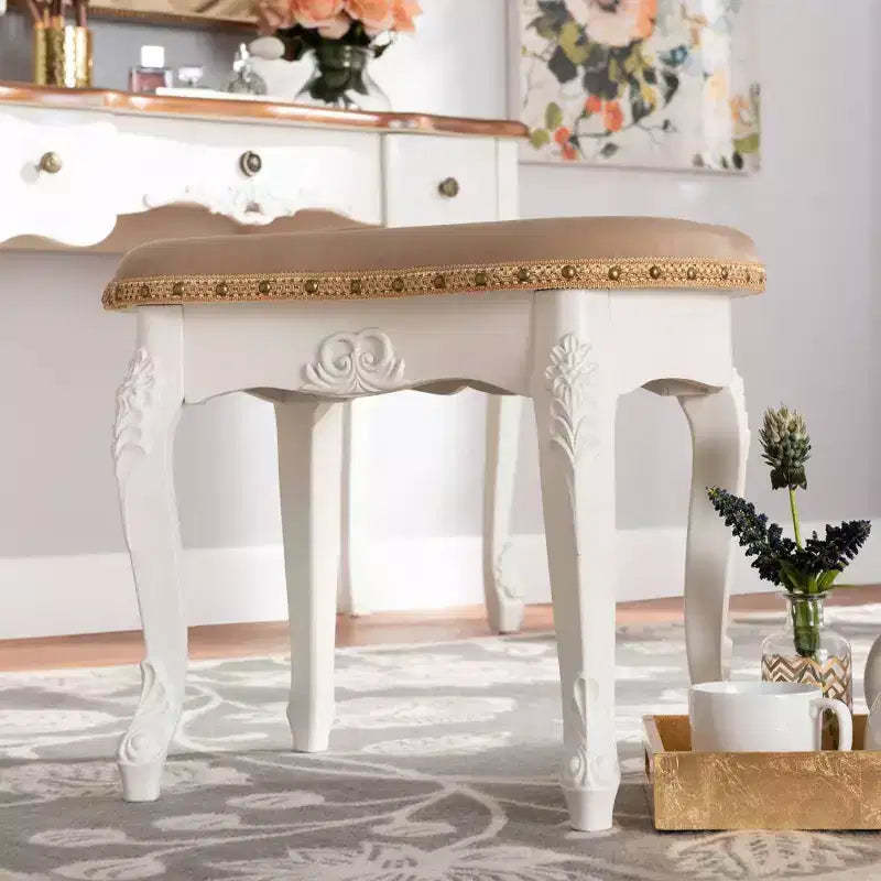 Gabrielle Velvet Fabric Upholstered Wood Vanity Ottoman Sand/White/Gold - Baxton Studio: French-Inspired, Brass Nailhead Detail, Cabriole Legs