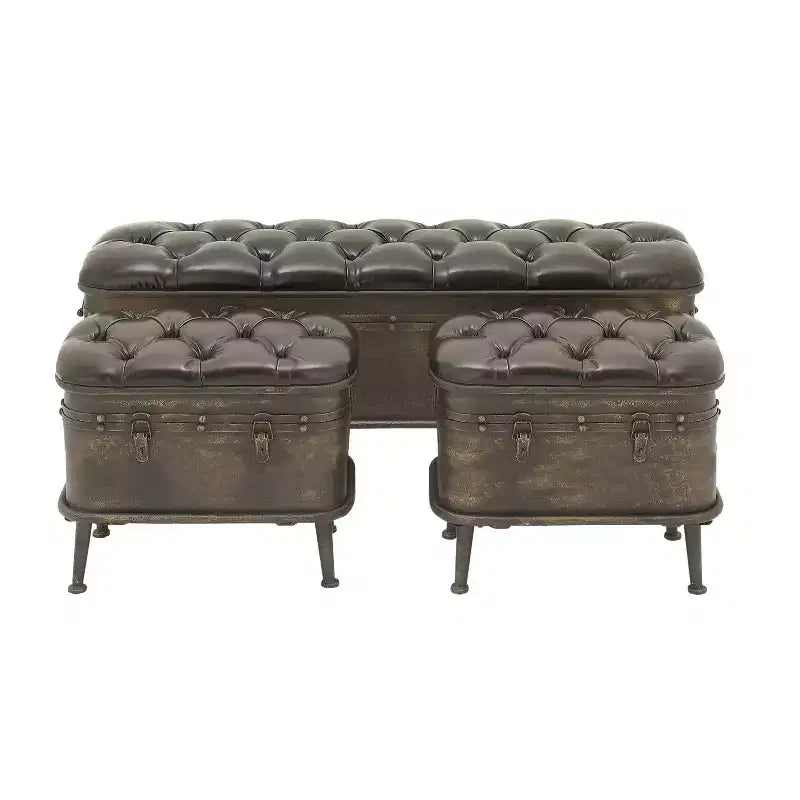 Set of 3 Vintage Metal and Faux Leather Storage Benches Brown - Olivia & May