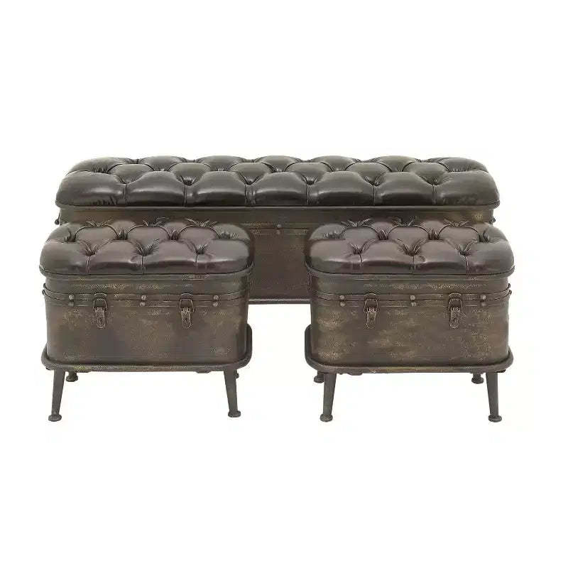 Set of 3 Vintage Metal and Faux Leather Storage Benches Brown - Olivia & May
